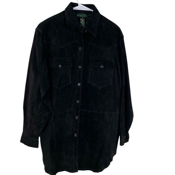 Lauren Ralph Lauren Shirt Women's Suede Leather Black Sz M Button Down Western